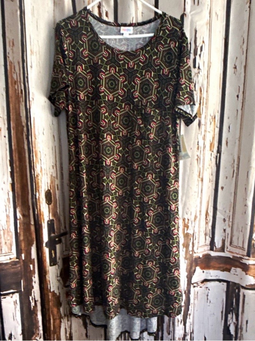 LuLaRoe Carly xl hi- low Olive Geo-Print Midi Dress with Black & Red Accents